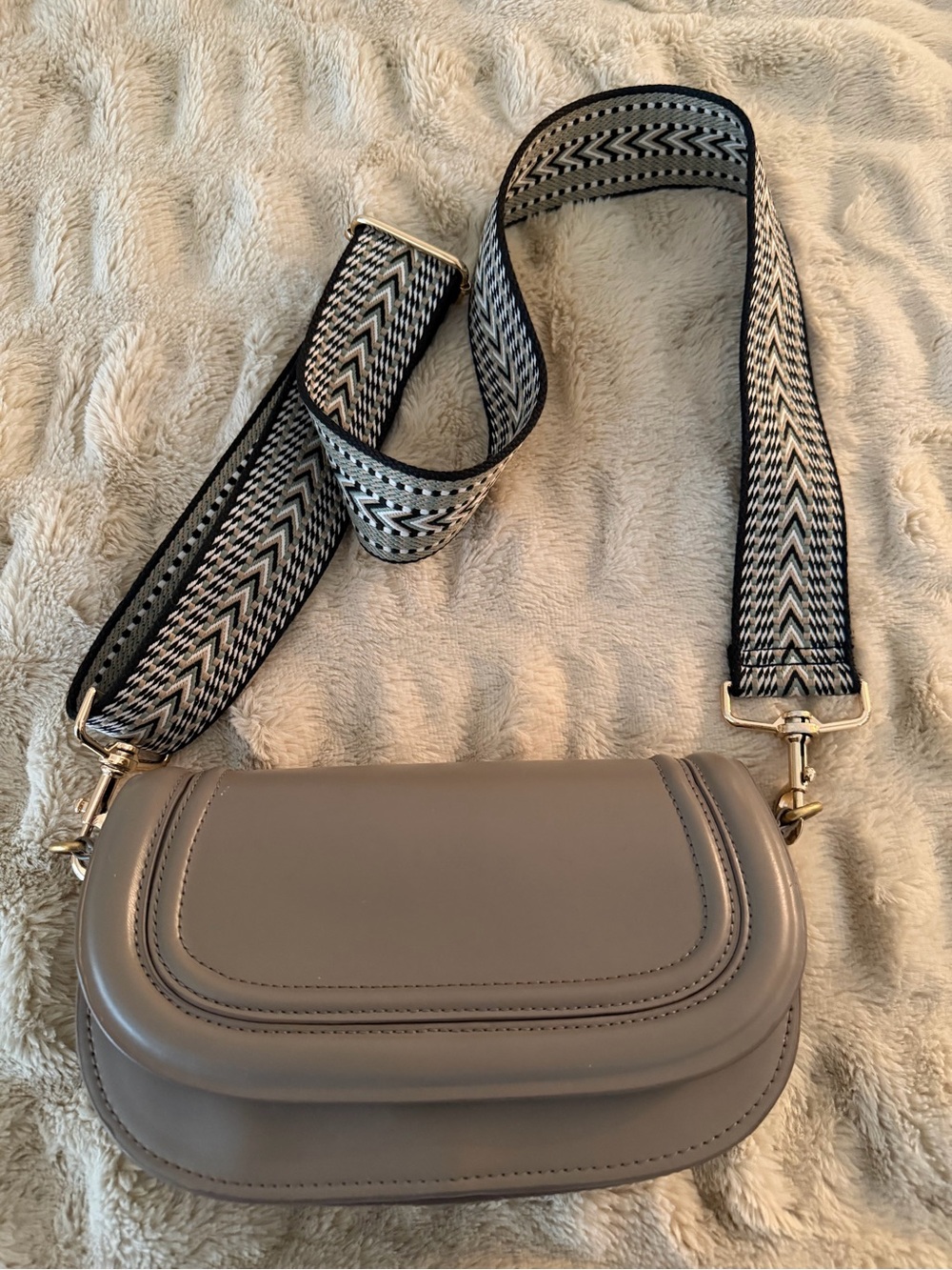 Zara , Faux Leather Crossbody Bag with Patterned Strap - Gray